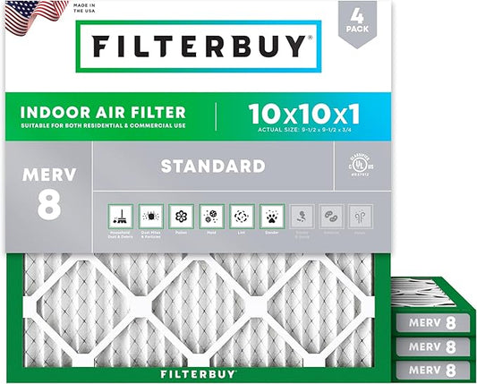 Filterbuy 10x10x1 Air Filter MERV 8 (MPR 700) Dust Defense Replacement (4-Pack), Electrostatic Pleated HVAC AC Furnace Filters, Made in USA (Actual Size: 9.50 x 9.50 x 0.75)