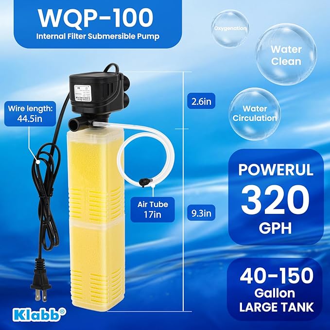 Klabb Aquarium Filter 40-100 Gal Tanks Submersible Internal Fish Tank Filters Large Tank Pond Clear for 320 GPH 4 in 1 Biochemical Filtration 1.2 m Lift Wavemaker and Air Supply 110V 60Hz