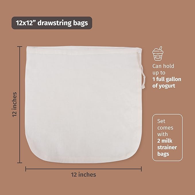 2 Pieces Reusable Grade 100 Nut Milk Bags for Straining, Unbleached Cloth Bag for Juicing Almond Oats NutMilk, Use as Strainer Filter Gardening, Size 12 x 12 Inch, Vacuum Packaging