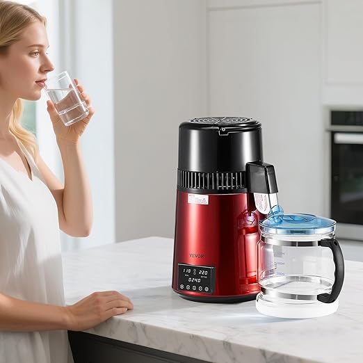 VEVOR Water Distiller, 4L 1.1 Gallon Pure Water Purifier Filter for Home Table Countertop, 1750W Distilled Maker with Glass Pot, Stainless Steel Interior Drinking Machine to Make Clean Waters, Red