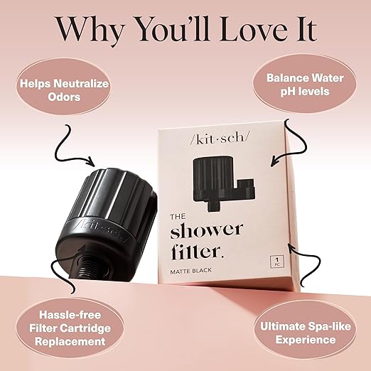Kitsch Shower Head Filter For Hard Water – Water Softener & Removes Heavy Metals – Shower Filter for Softer Skin & Hair, Bathroom Accessories - Black