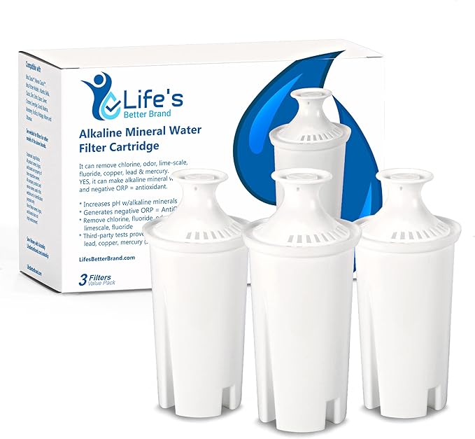 Alkaline Brita Water Filter Replacement - Compatible Alkaline Pitcher Filter - Enhances Taste and pH Level - Pack of 3