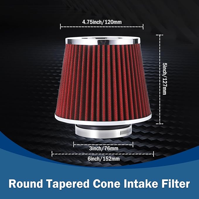 Cold Air Intake Filter,Universal Clamp-On Air Intake Filter, High Performance, Washable Filter, Replacement Air Filter, Flange Diameter 3inch/76mm (Red)