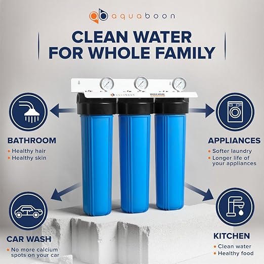 Aquaboon 3-Stage Whole House Water Filter System with 20x4.5 Sediment, Anti-Scale, Carbon Block Filters, Pressure Gauges & Release, Wrench, Bracket