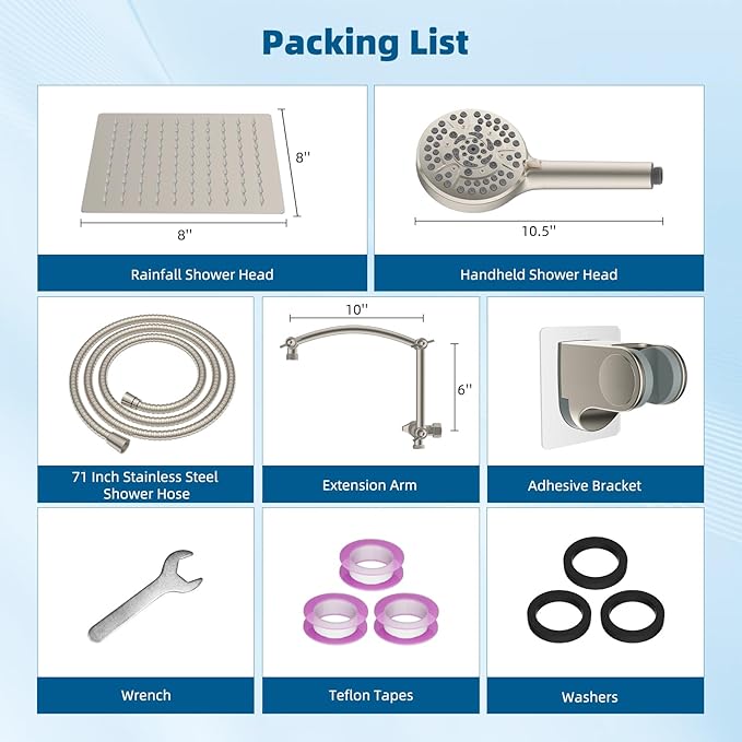 Hibbent All Metal Shower Head, 8'' High Pressure Rain Shower Head/Handheld Showerhead Combo with 16'' Adjustable Arc-shaped Extension Arm, 10 Sprays, 71'' Hose, Showerhead Holder, Brushed Nickel