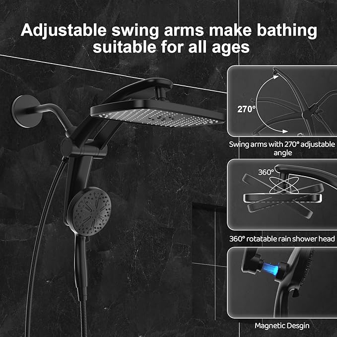 Rain Shower Head with Handheld High Pressure rainfall Shower Heads with Handheld Spray Combo Adjustable one-piece stand daul shower head Built-in Magnetic Docking and Power Jets
