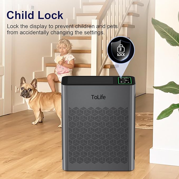 ToLife Air Purifiers for Home Large Room Up to 1295 Ft² with PM 2.8 Display Air Quality Sensor, Auto Mode, Timer, HEPA Air Purifier for Bedroom Filters Smoke, Pollen, Pet Dander, Allergies, Grey