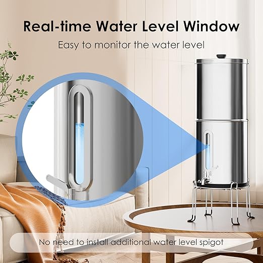 2.25G Gravity Water Filtration System - Water Level Window、8-Stage 0.01μm Ultra-Filtration,18/8 Stainless Steel Countertop System - Reduce Up to 99.9% Chlorine, for Home, RVing, Camping