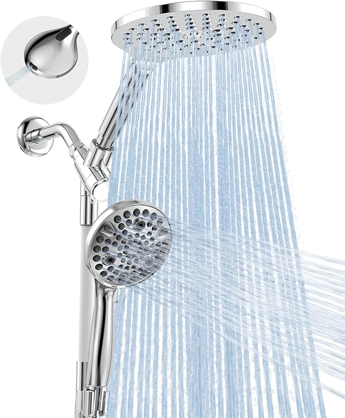 Dual Handheld Shower Head Combo, 2-in-1 Rain Shower Heads System 8 Inch Rainfall Shower Head and 10 Modes High Pressure Hand Held Showerhead with Built-in Power Wash