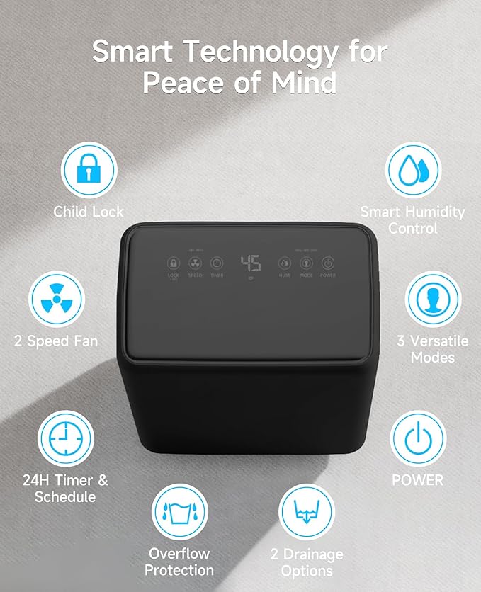 2000 Sq. Ft Dehumidifier for Basement, 30 Pint Dehumidifiers for Home, Bedroom and Bathroom, 3 Modes Dehumidifier with Drain Hose, Smart Humidity Control, 24H Timer (Black)