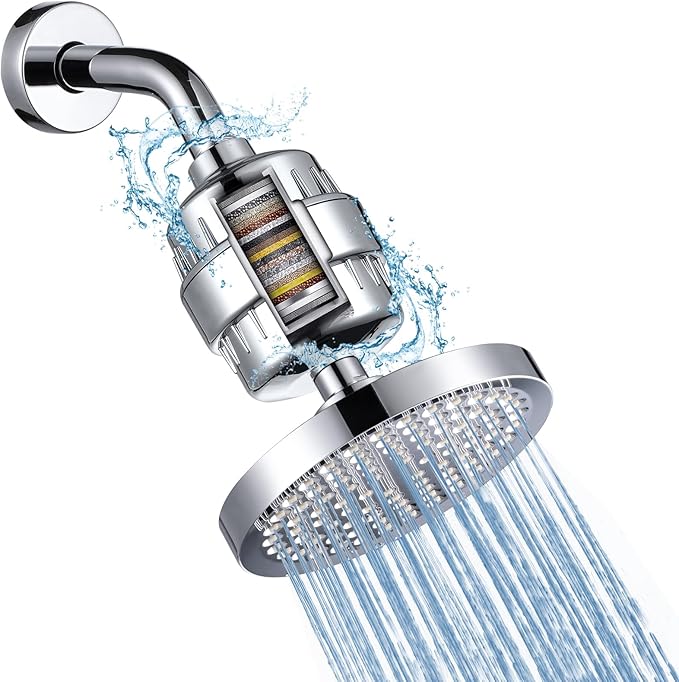 Filtered Shower Head with 15 Stage Water Softner Shower Filter for Hard Water,Reduces Chlorine and Heavy Metals,Powerful Shower Heads High Pressure (6" Round,Polished Chrome)
