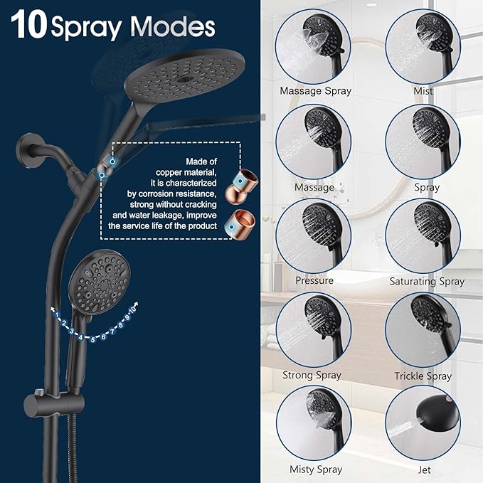 High Pressure Shower Head with Handheld Shower, 26" Adjustable Height Drill-Free Slide Bar, 3-Way Diverter for Easy Reach, Dual Shower Head Combo Set with 5ft Hose - Matte Black