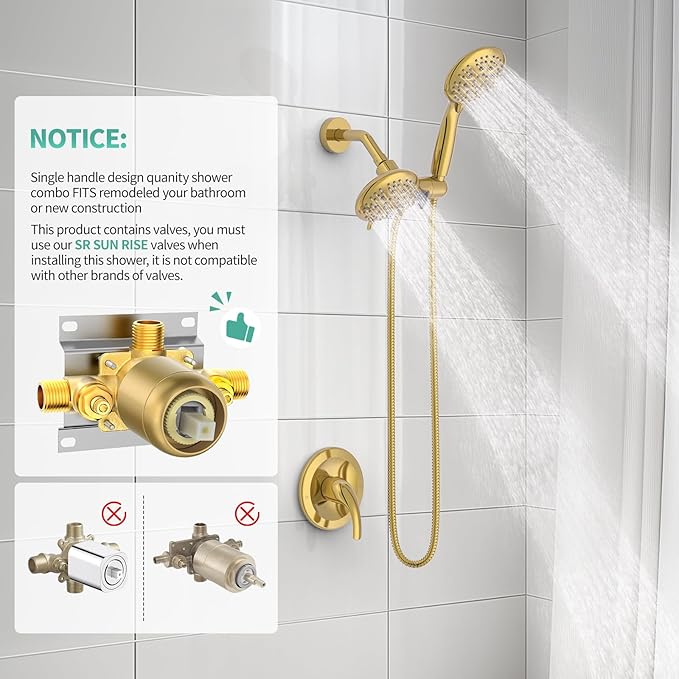 SR SUN RISE High Pressure 3-Way Rainfall Shower Faucet, 3 in 1 Shower Head and Handheld Shower Combo Set with 71” Hose, Easy to Clean Bathtub or Pets, Valve and Shower Trim Kit, Brushed Gold