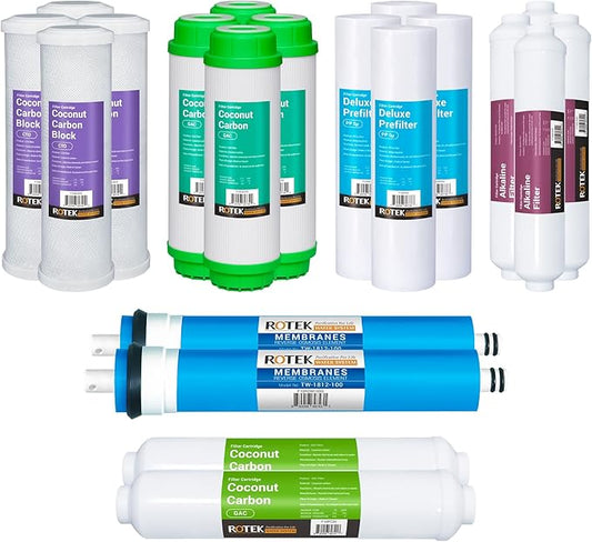 Reverse Osmosis Alkaline pH+ Water Filter Set | 20 Replacement Water Filters with 100 GDP Membrane | 2 Year Supply | Under Sink RO Water Filter | PP, GAC, CTO, ROM, PC, ALK | Universal 10 Inch Size