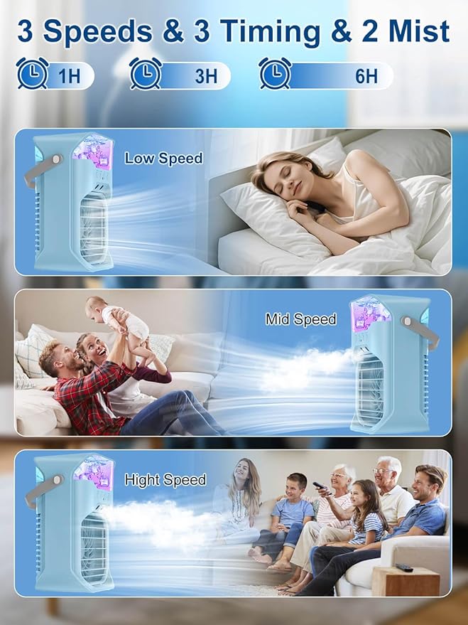 Portable Air Conditioner, 1500ML, Removable & Washable Fan Blades, Timer Function, 4 Speeds, 2 Cool Mists, 7-Color Light, Personal Evaporative Air Cooler for Home, Office, Bedroom, and Camping-Blue