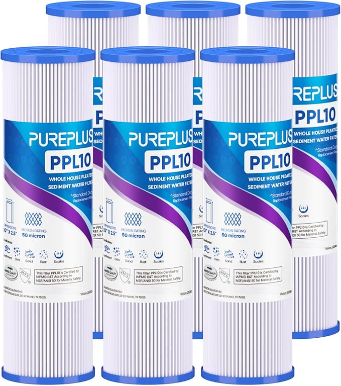 PUREPLUS 50 Micron Whole House Pleated Sediment Filter for Well Water, Replacement Cartridge for Universal 10 inch RO System, W50PE, WFPFC3002, SPC-25-1050, FM-50-975, 801-50, WB-50W, 6Pack