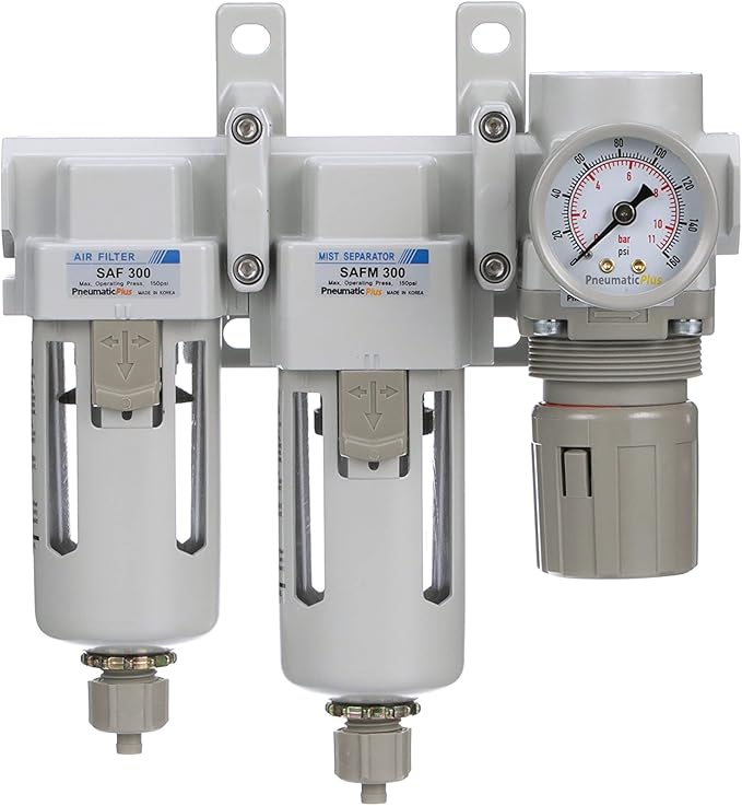 PneumaticPlus SAU330-N03G Three Stage Compressed Air Drying System - Particulate Air Filter, Coalescing Filter, Air Pressure Regulator Combo 3/8" NPT - Poly Bowl, Manual Drain, Gauge
