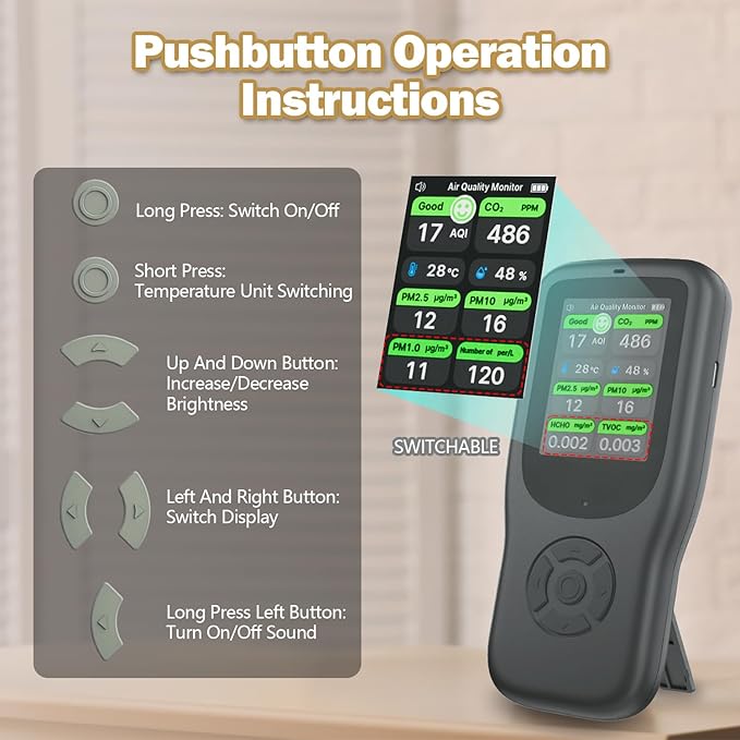 11-in-1 Air Quality Monitor - Portable Indoor Air Quality Detector with Stand, Real-Time Test for AQI, CO2, PM2.5, PM1.0, PM10, TVOC, HCHO, Particles, Temperature & Humidity with Aler (Black-Black)