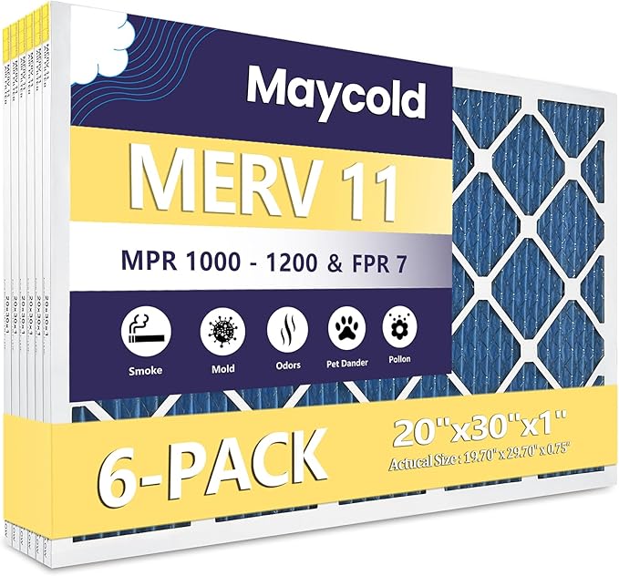 Maycold 20x30x1 MERV 11 Furnace Air Filters (6-Pack), High-Efficiency Pleated AC HVAC Filter for Home Use – Captures Fine Dust & Pet Hair, Actual Size 19.70 x 29.70 x 0.75,Individually Wrapped