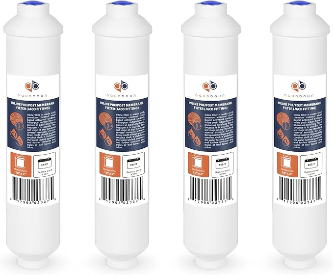 Aquaboon Inline Water Filter for Refrigerator 4-Pack of Inline Post/Carbon Polishing Water Filter Catridge for Reverse Osmosis System Standard Size (Jaco fitting)