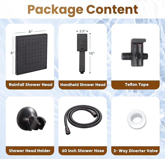 BRIGHT SHOWERS Rain Shower Head with Handheld Spray, 8 Inch Rainfall Shower Head Combo with 60" Hose, Adjustable Dual Square Showerhead Set with 3-Way Diverter, Wall Bracket, Oil-Rubbed Bronze
