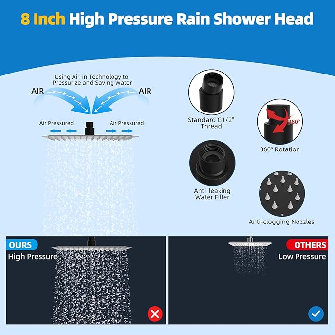 Hibbent All Metal Shower Head, 8'' High Pressure Rainfall Shower Head, Showerhead Combo, Handheld Shower Wand, 12'' Adjustable Curved Shower Extension Arm, 71'' Hose, Shower Head Holder, Matte Black