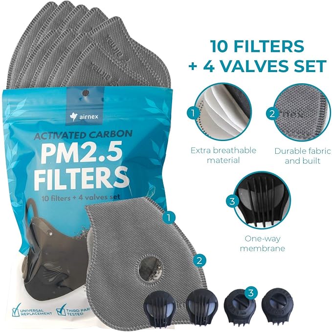 10 pcs of Activated Carbon PM2.5 Mask Filters and 4 Exhaust Valves - Non-Woven Air Pollution Face Mask Filters Inserts - Anti Haze Dustproof Replacement Filter for Face Mask Breathing Insert 5 Layers