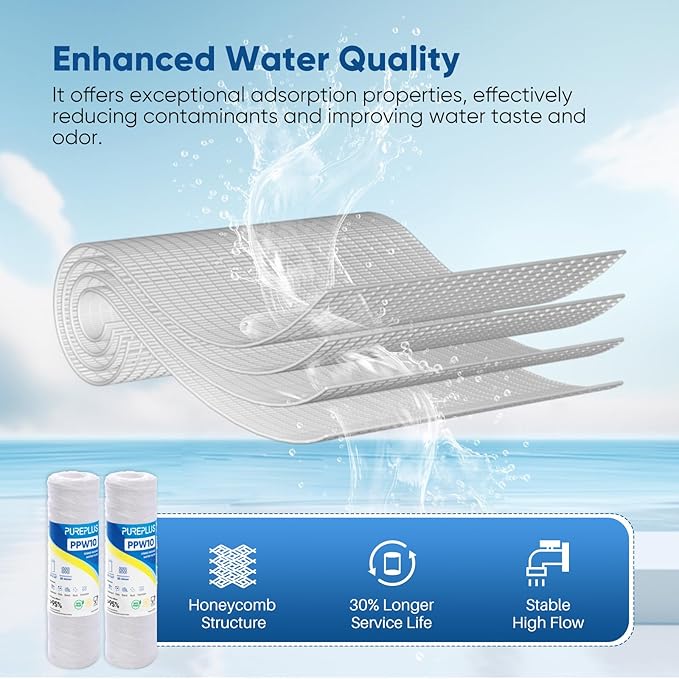 PUREPLUS 20 Micron 10"x2.5" Whole House String Wound Sediment Filter for Well Water, Replacement Cartridge for Universal 10 inch RO System, WP-5, Aqua-Pure AP110, CFS110, Culligan P5,WFPFC4002, 6Pack