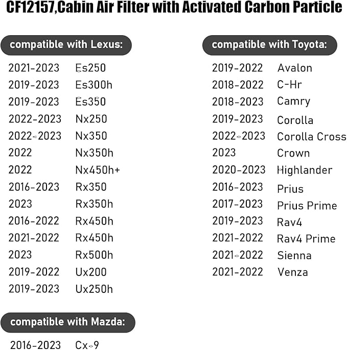 CF12157,Cabin Air Filter with activated carbon particle for Toyota Avalon,C-HR,Camry,Corolla,Corolla Cross,Highlander,Prius,Prius Prime,Rav4,Rav4 Prime,Sienna,Venza.Lexus,ES250,ES300H,ES350