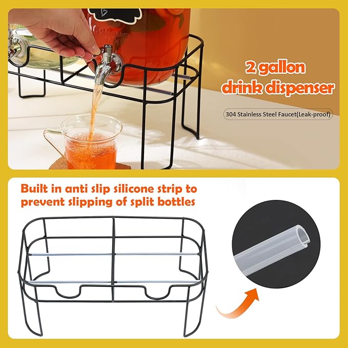 2 Pack 1 Gallon Glass Drink Dispenser with Bamboo Lid, Beverage Dispenser with Stand, Drink Machine for Lemonade, Iced Drinks Kombucha Dispenser