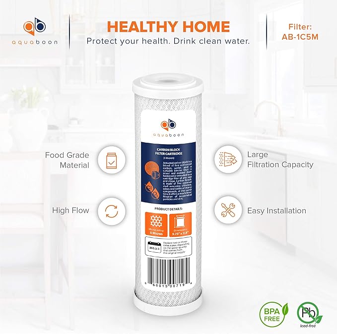 Aquaboon 5 Micron 10 x 2.5 Carbon Block Water Filter Cartridge CTO Whole House Water Filter Replacement Compatible with WHKF-WHWC, FXWTC, 25-PACK