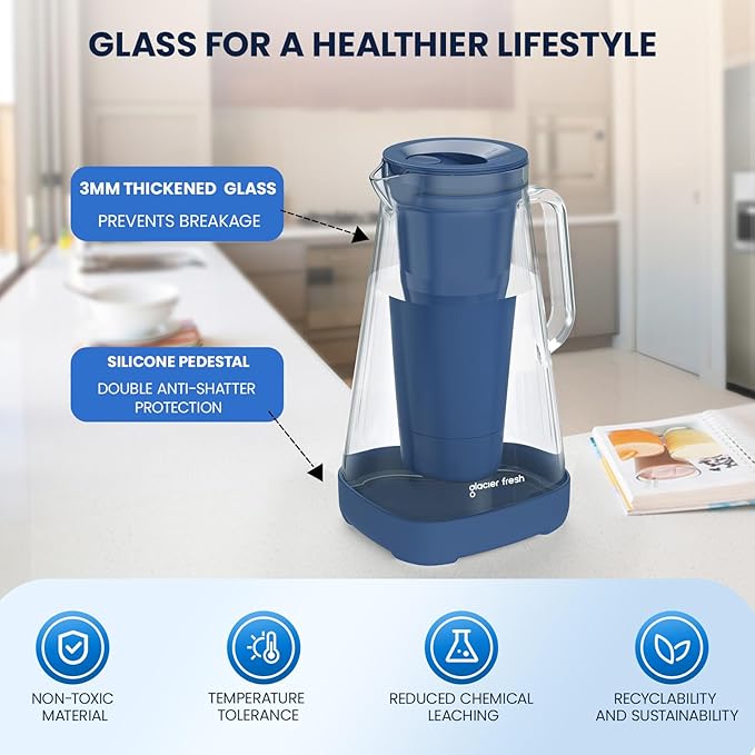GLACIER FRESH 10 Cup Glass Water Pitcher with 1 Filter of 3X Flow Rate, Purela Glass Pitcher with 5-Stage Filtration Technology, Reduces 99% Chlorine and Improve Taste, Bpa Free, Blue