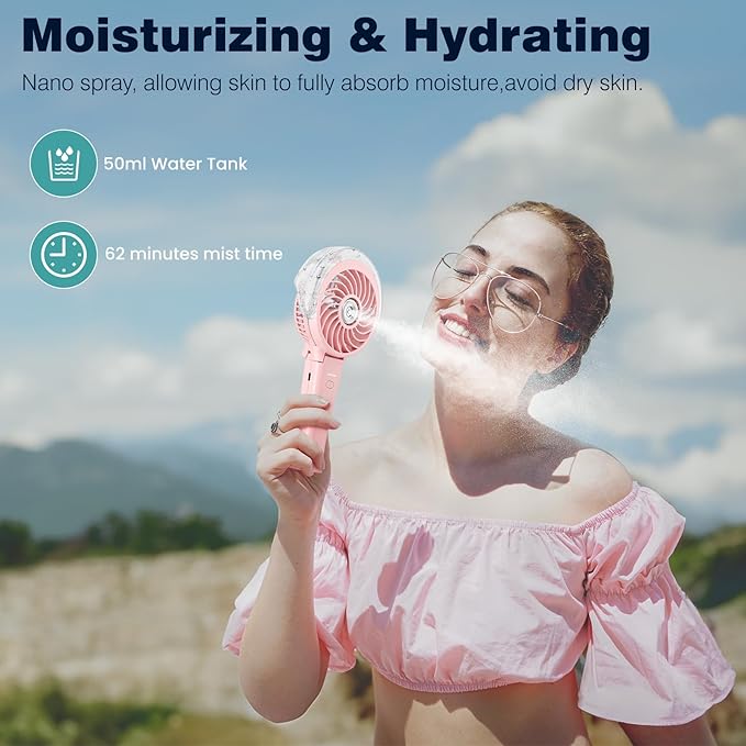 HandFan 4000mAh Handheld Misting Fan, 50ml Water Tank, Rechargeable Personal Mister Fan Portable AC, Spray Water Mist Fans, Foldable Cooling Ice Fans for Beach Travel Outdoors(Pink)