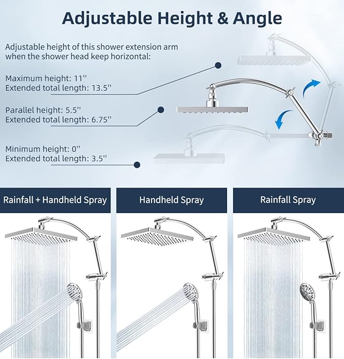 Hibbent Thickness 8'' Rain Shower Head, High Pressure Handheld Spray, Showerhead Combo with 16'' Adjustable Arc Shower Extension Arm, 7 Settings, 71'' Hose, Adhesive Showerhead Holder, Chrome