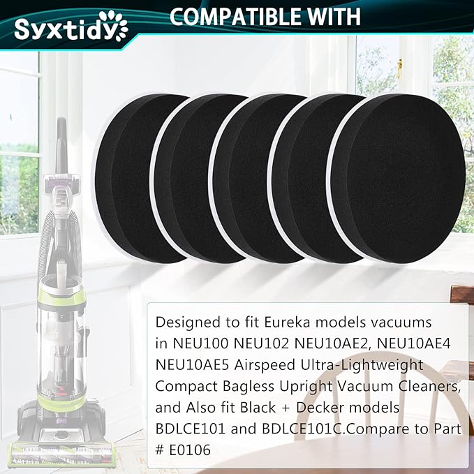 Filters Replacement for Eureka neu10ae4 neu10ae5 Airspeed Compact Bagless Upright Vacuum NEU100 NEU102 Series,Compare to Part # E0106, 5 Pack