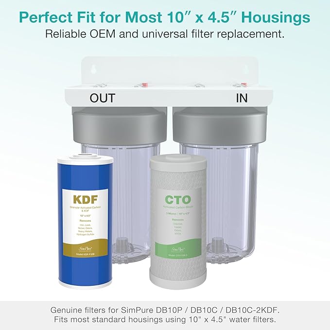 SimPure 10" x 4.5" Carbon and KDF Filters, Whole House KDF/GAC Heavy Metal Water Filter Cartridge Replacement for DB10C-2KDF, DB10P (4 Pack)
