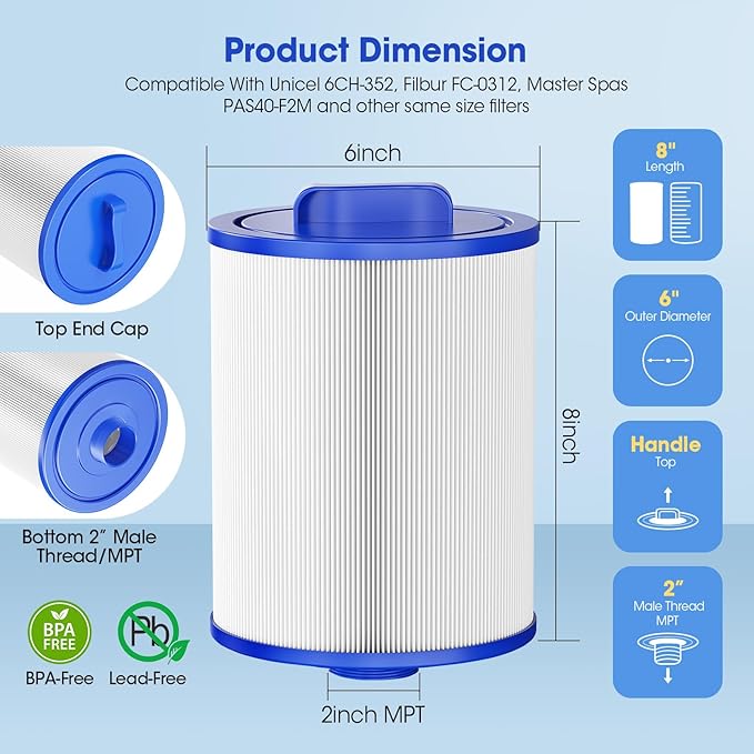 Viowey Spa Filter Compatible with Unicel 6CH-352, Filbur FC-0312, PAS40-F2M, PMA-R1, FC-0318, 06-0055-12, 06-0014-12, X268546, AK-90131, 60354, SD-01441, 35 Sq.Ft Hot Tub Filter Cartridge, 2-Pack