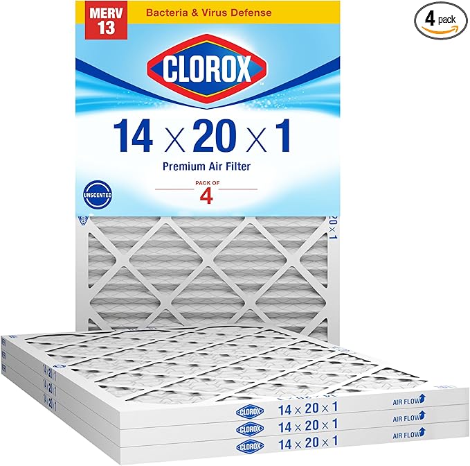 Clorox 14x20x1 Air Filter, MERV 13 Pleated HVAC AC Furnace Air Filters, MPR 1500 & FPR 10 – Pack of 4