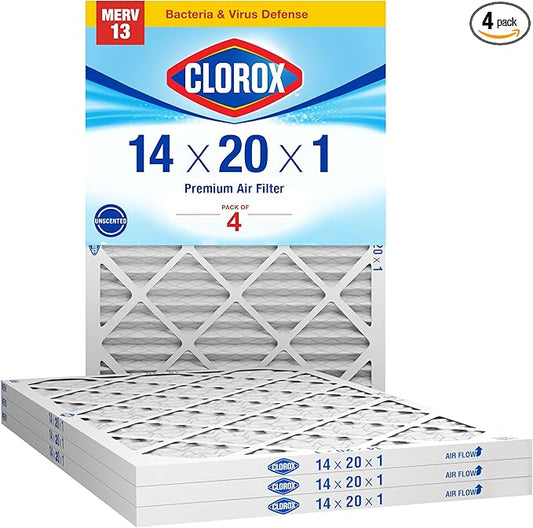 Clorox 14x20x1 Air Filter, MERV 13 Pleated HVAC AC Furnace Air Filters, MPR 1500 & FPR 10 – Pack of 4