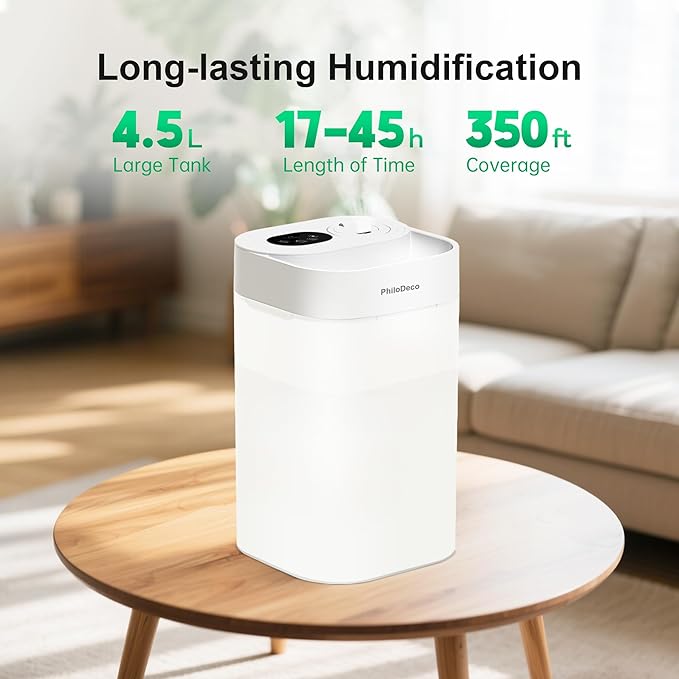PHILODECO 4.5L Cool Mist Humidifier for Bedroom, Baby Nursery & Plants – Ultrasonic, Silent, with Aroma Diffuser, Multi-Color LED Night Light, Leak-Proof and Easy to Clean