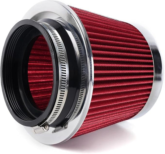 4-Inch Cold Air Intake Filter - Washable, High Performance, 3" or 3-1/2" or 4" Clamp-On Replacement Air Filter Red
