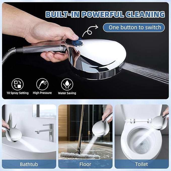 iFealClear Metal Rain Shower Head, 10” High Pressure Rainfall Shower Head with Handheld Spray Combo, 10-Spray Handheld Built-in Power Wash, 16" Shower Extension Arm, 71" Hose, 3-Way Diverter, Chrome