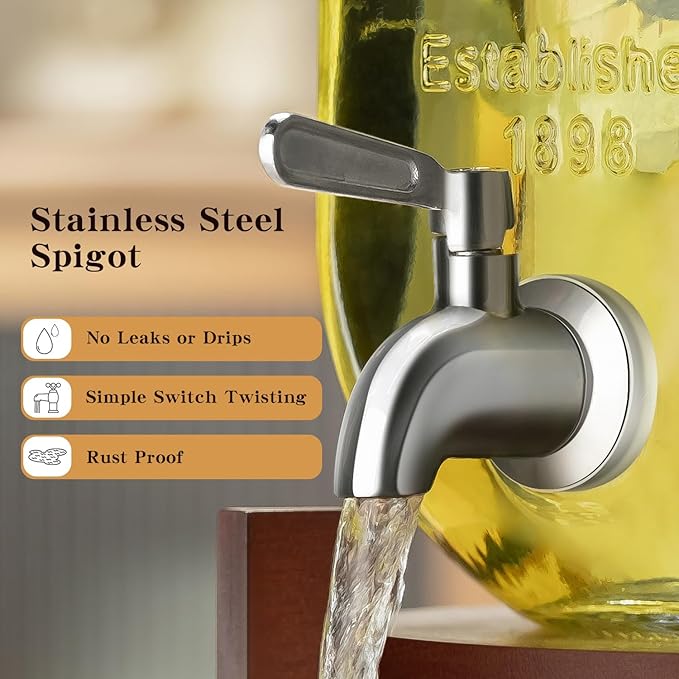 Glass Drink Dispenser with Acacia Wood Stand and Lid,1 Gallon Beverage Dispenser with Stainless Steel Spigot for Parties,Picnics,Barbecues,Lemonade,Sun tea Jar,ice coffee,Laundry Detergent Dispenser