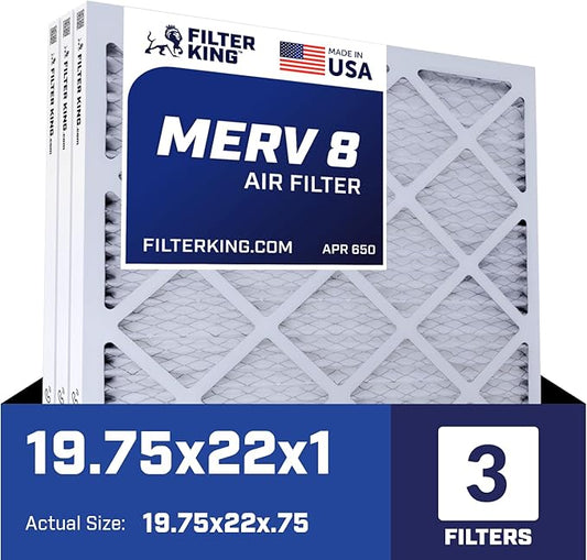 Filter King Air Filters 19.75x22x1 | 3-PACK | MERV 8 HVAC Pleated AC Furnace Filters | Actual Size 19.75 x 22 x .75