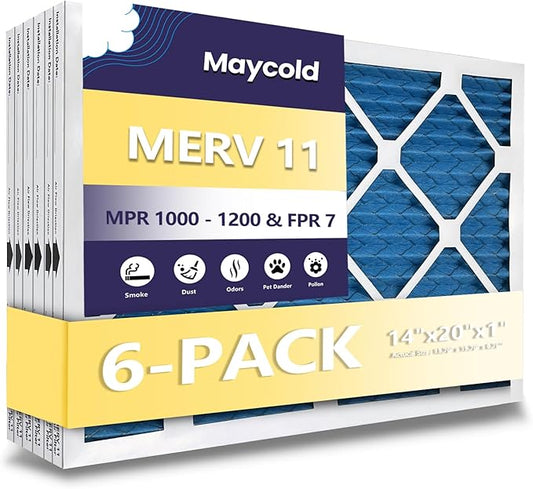 Maycold 14x20x1 MERV 11 Furnace Air Filter (6-Pack), High-Performance HVAC AC Filters for Home Use, Actual Size: 13.70” x 19.70” x 0.75”, Individually Wrapped in Plastic