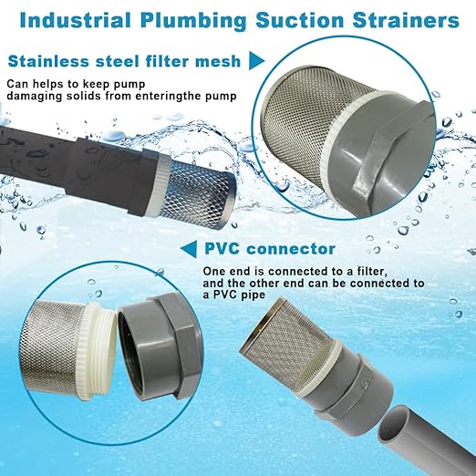 2 inch Stainless Steel Filter Cover Connected to 2 inch/DN50 Grey PVC Filter Water Pipe, Suction Strainers Used to Remove Debris and Reduce Solid Entry（1pcs）