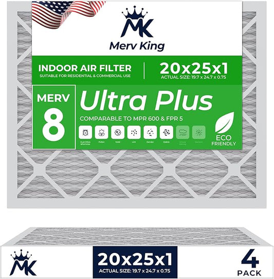 MervKing 20x25x1 Air Filter Actual Size: 19.7" x 24.7" x 0.75" MERV 8 MPR 600-700 | MADE IN USA | 4-Pack | Pleated HVAC AC Furnace Replacement