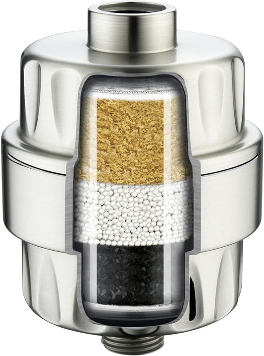 BRIGHT SHOWERS Shower Filter, High Output Shower Head Filter, 3-Stage Filtration for Hard Water & Chlorine Removal, Improves Skin, Hair & Nails, Universal Fit, Brushed Nickel