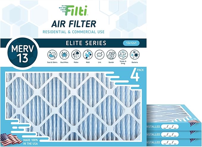 FILTI 12x12x1 Air Filter MERV 13 | Pleated Home Air Filter | HVAC AC Furnace Filter MADE IN USA (4 Pack)