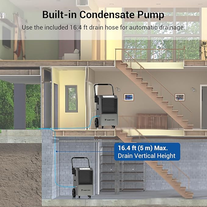 Traver Force Commercial Dehumidifier, 140 Pint Large Dehumidifier with Pump Drain Hose, Up to 5,000 sq. ft, for Crawl Space, Basement, Warehouse, Water Damage Restoration, Job Sites